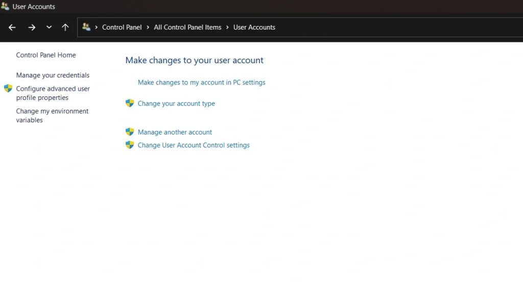 control panel user accounts 