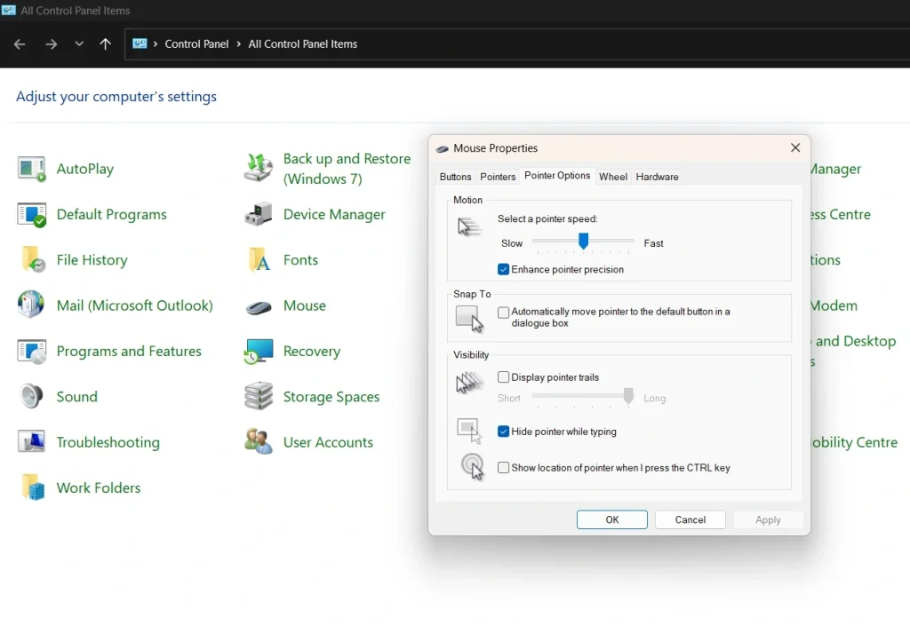 adjust mouse pointer speed via control panel