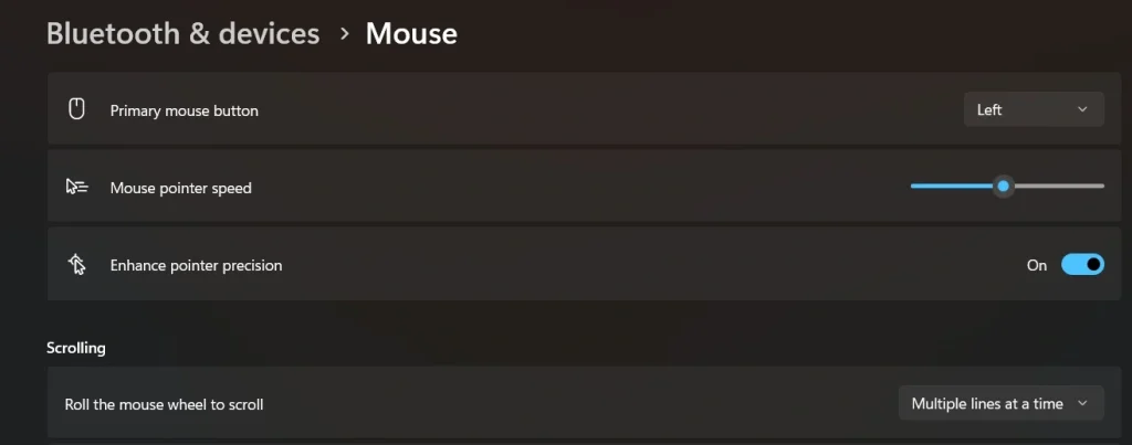 adjust mouse pointer speed via windows settings