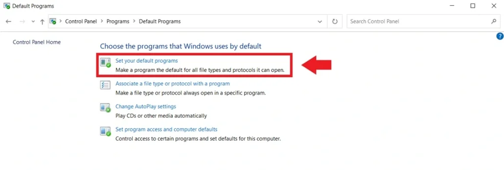change default app windows via control panel