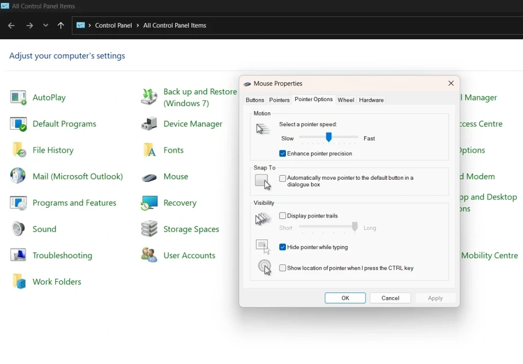mouse pointer settings control panel