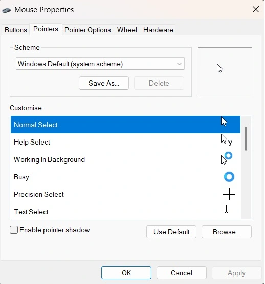 mouse pointer settings customize windows 11