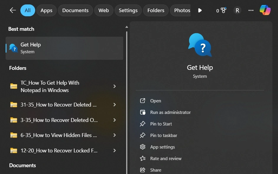 open the get help app windows 11 pc 