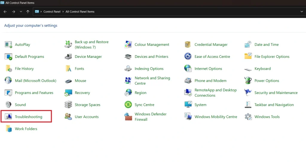 Windows troubleshooting control panel