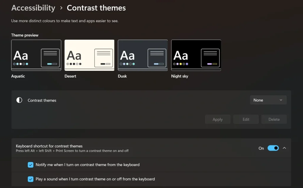 choose contrast themes windows settings