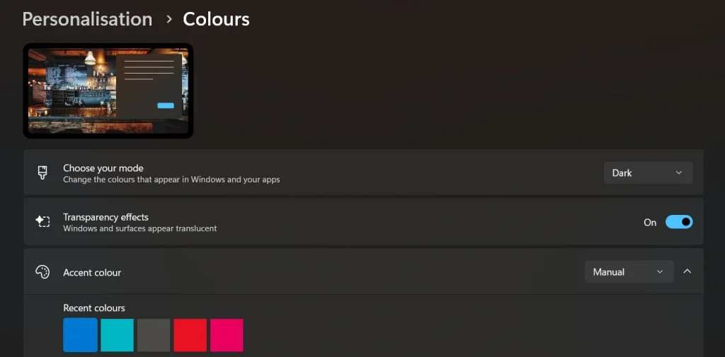 choose dark theme in windows settings