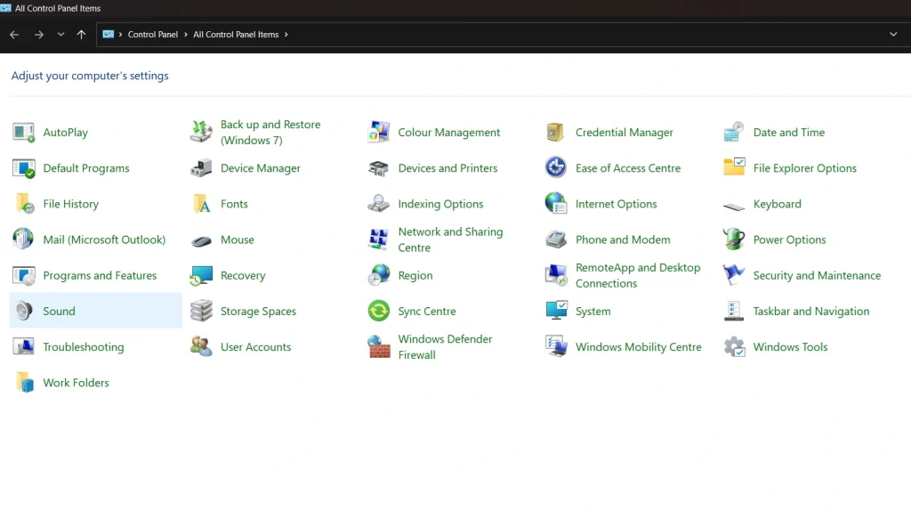 open control panel sound settings