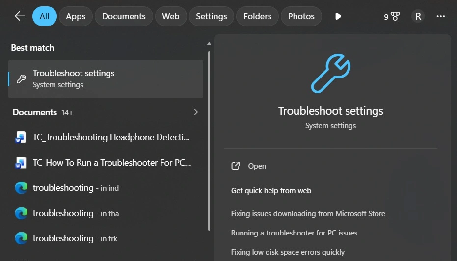 windows troubleshooting search bar