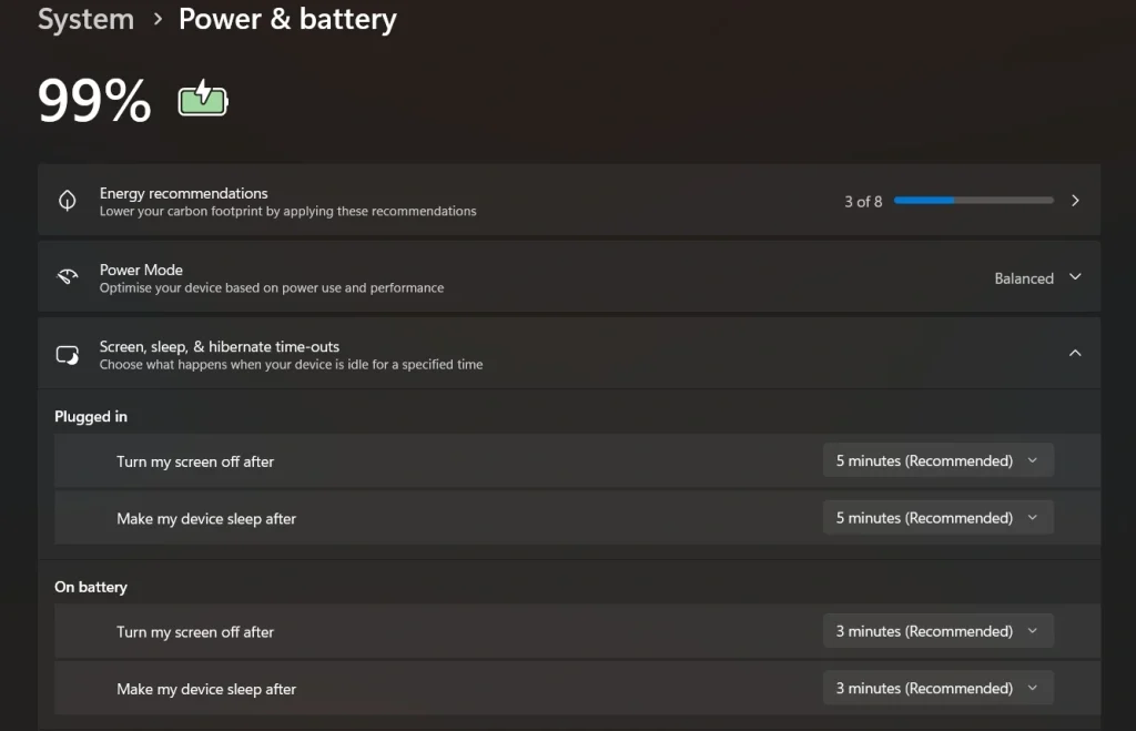 adjust power sleep settings via settings