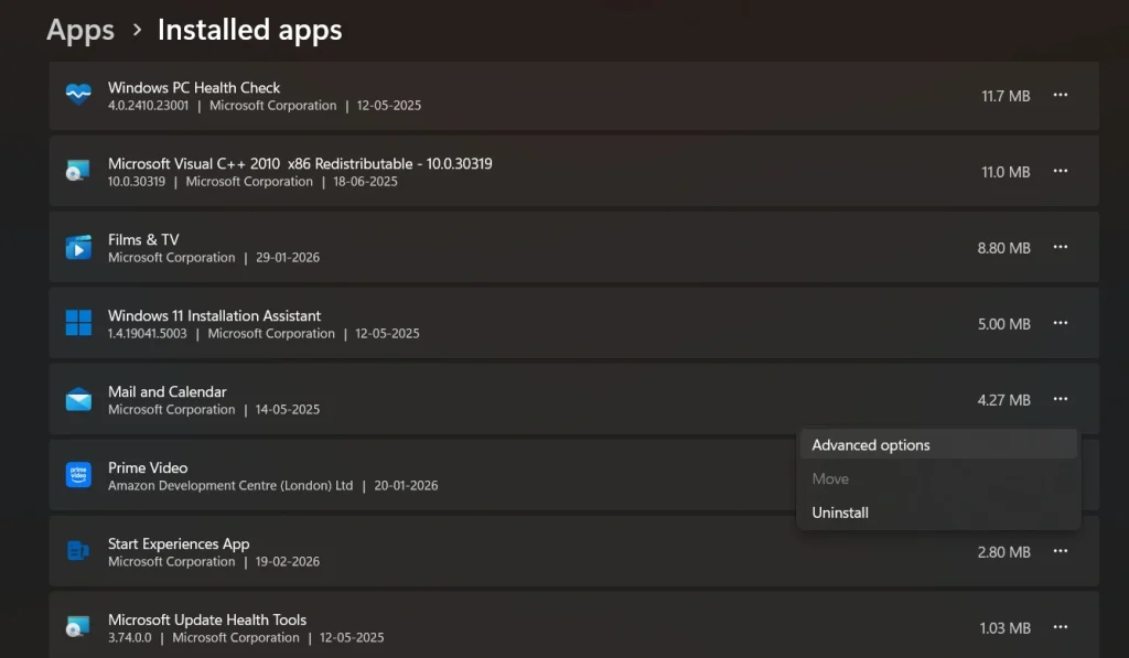 app advanced options windows 11