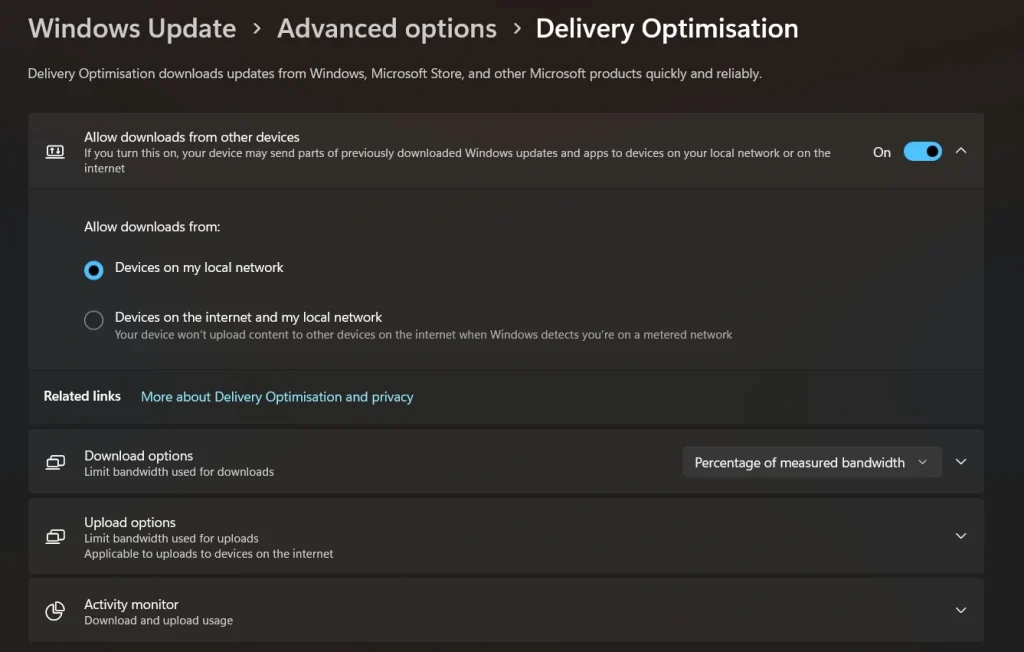 change delivery optimisation settings 