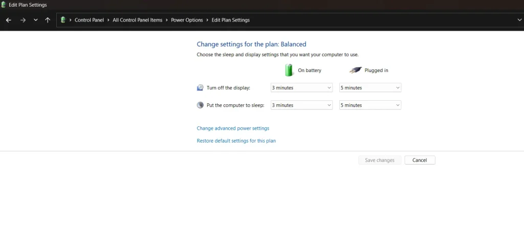 change power and sleep settings control panel