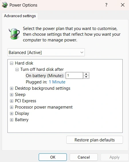 change power options advanced settings