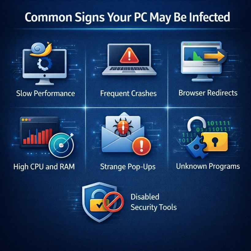 common signs pc infected
