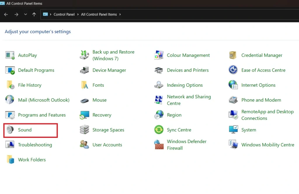 control panel sound option
