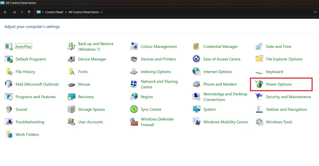 open control panel power options