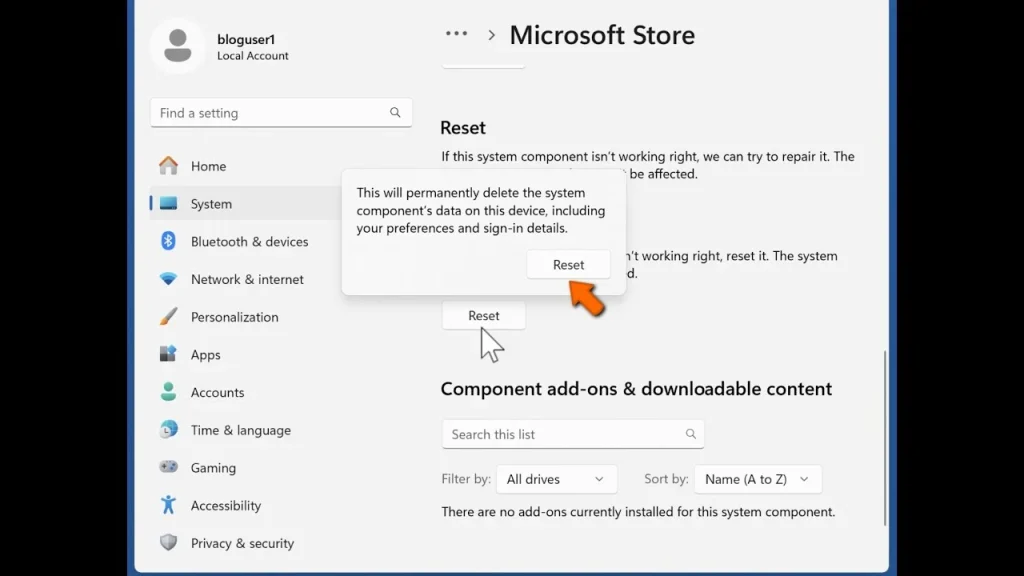 reset microsoft store app via settings
