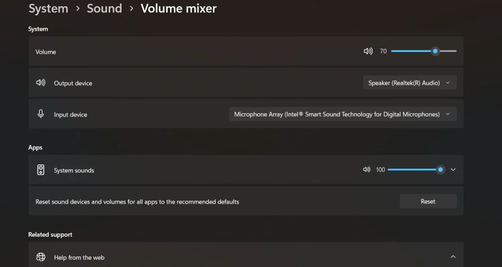 reset sound settings Windows 11 pc