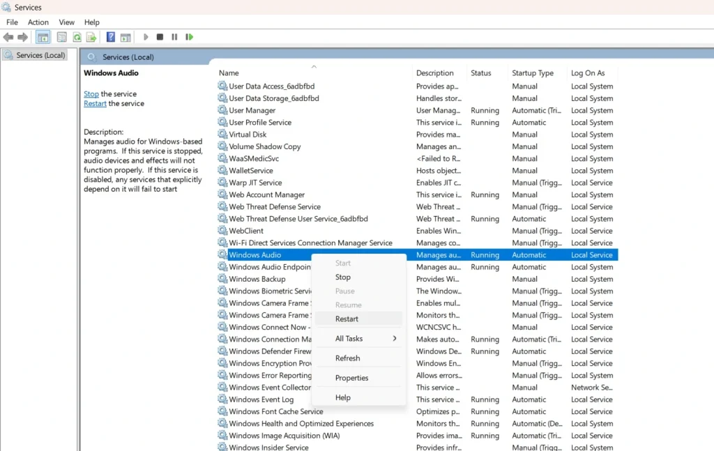 reset sound settings restart service