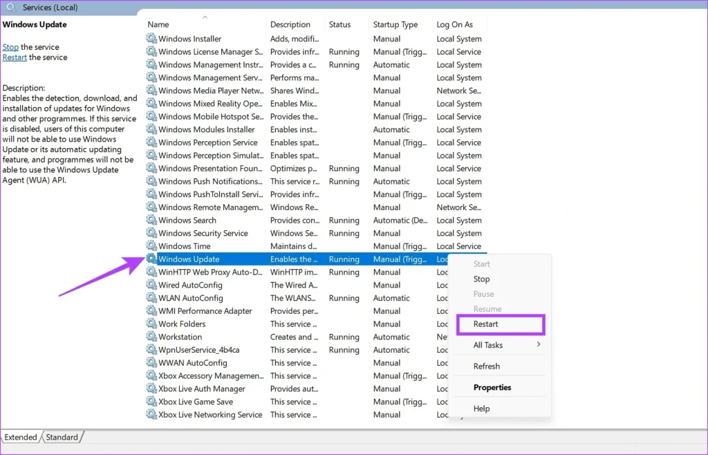 restart Windows Update service