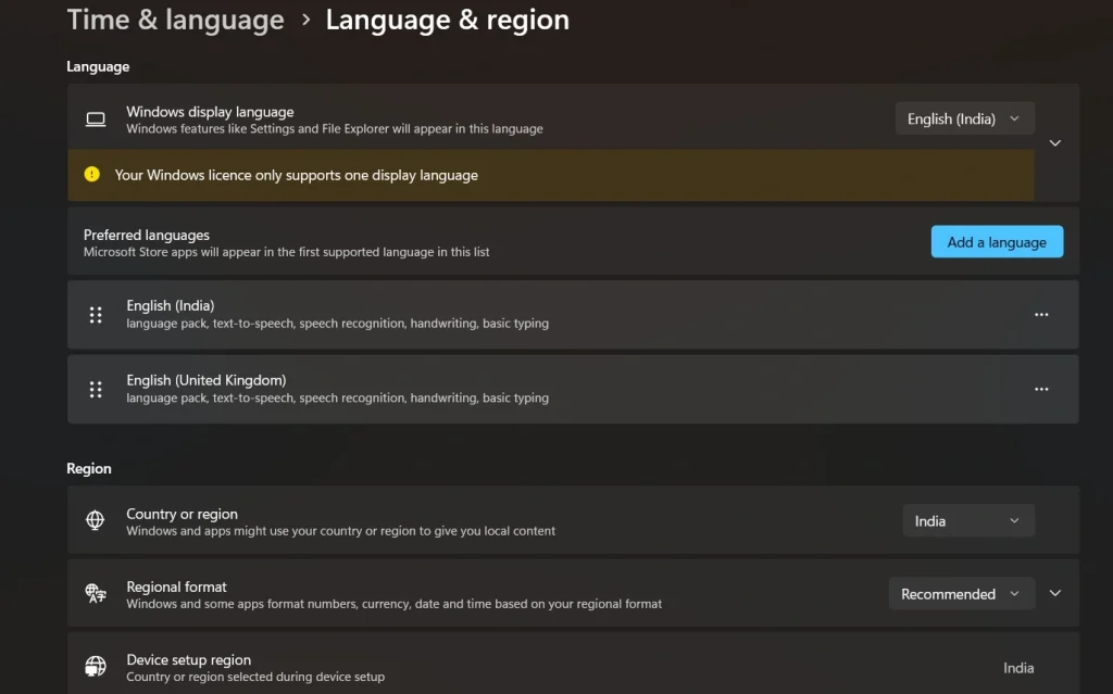 Windows 11 language and region settings