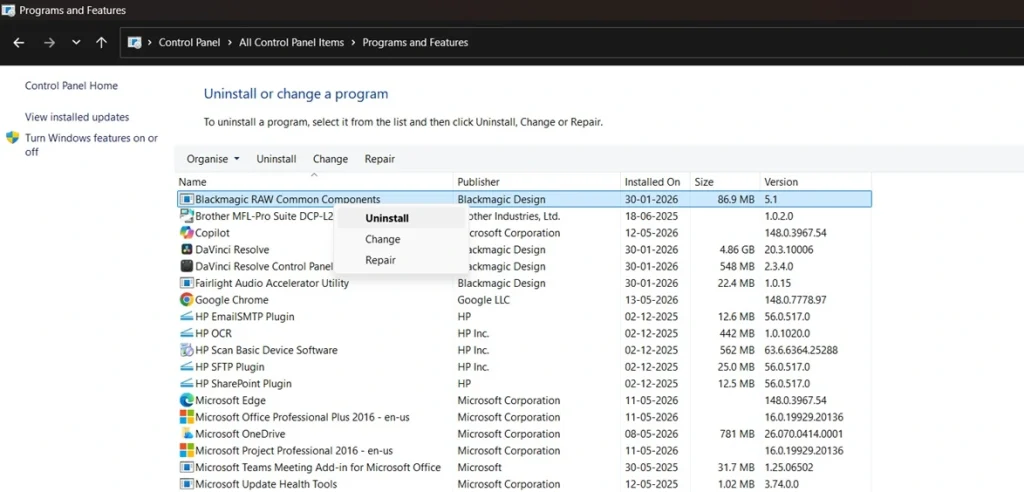 add or remove program via control panel