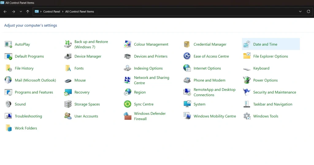 control panel date and time