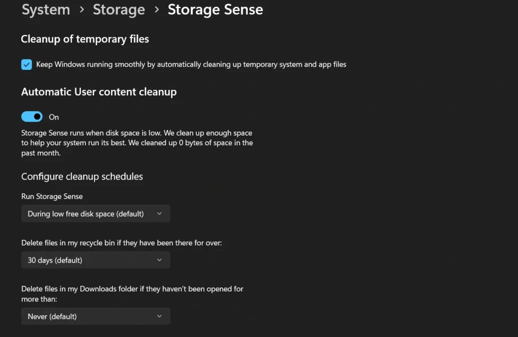 manage storage sense settings