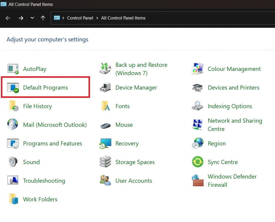 set default browser using control panel