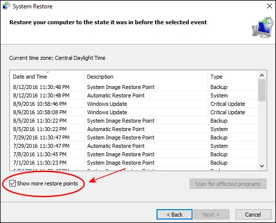 show more restore points