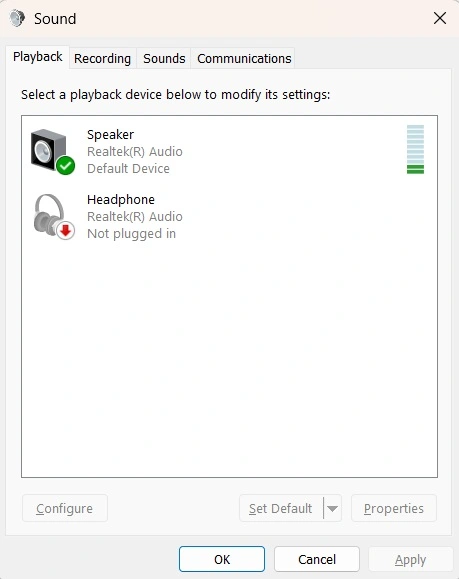 sound settings playback tab