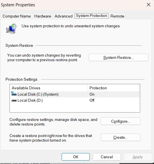 system protection tab