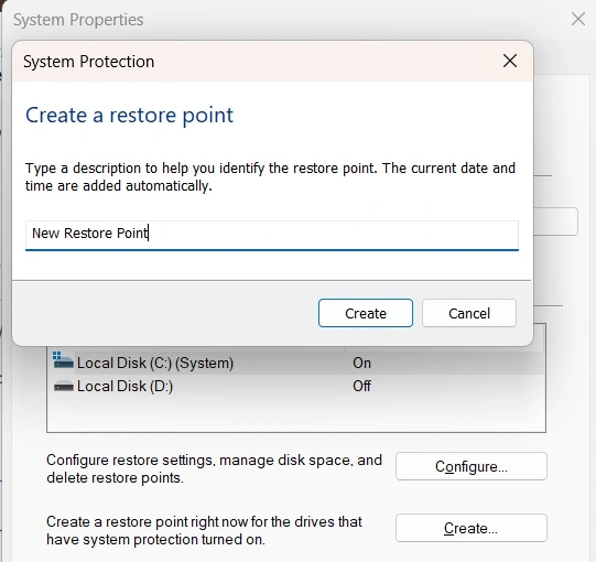 type a name for restore point