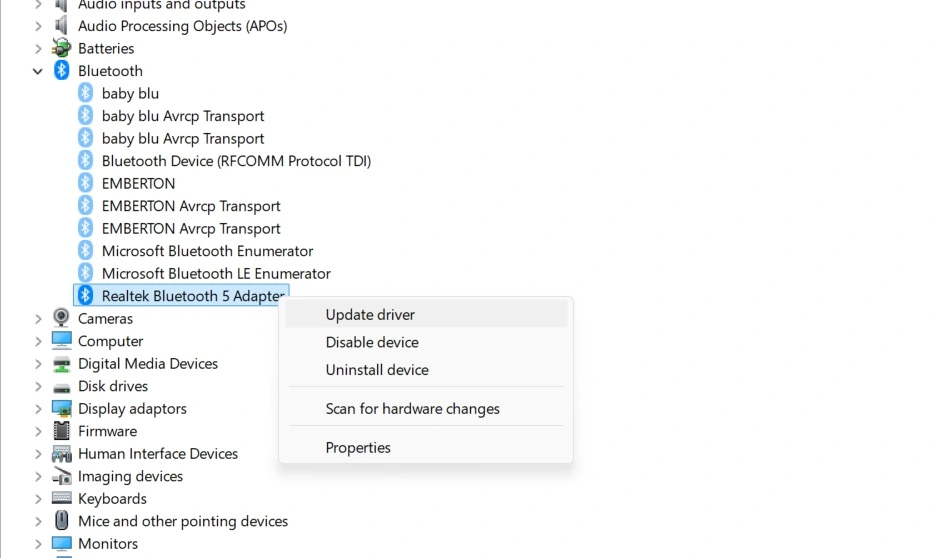 update bluetooth driver via device manager