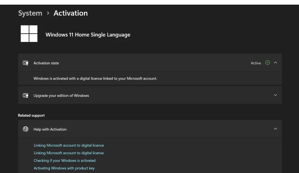windows activation settings