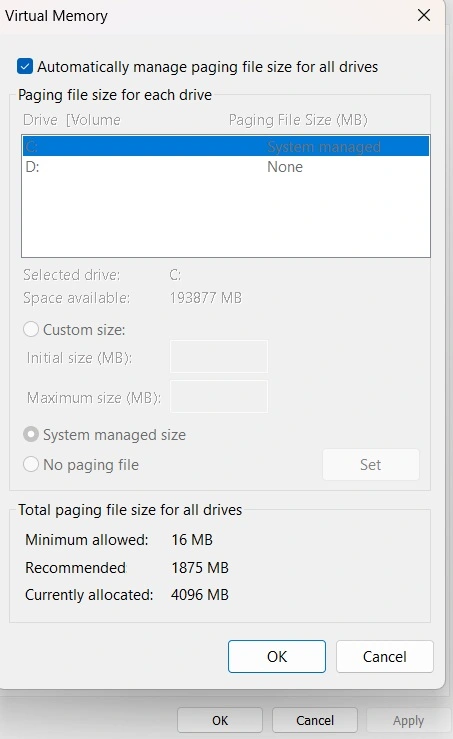 change virtual memory
