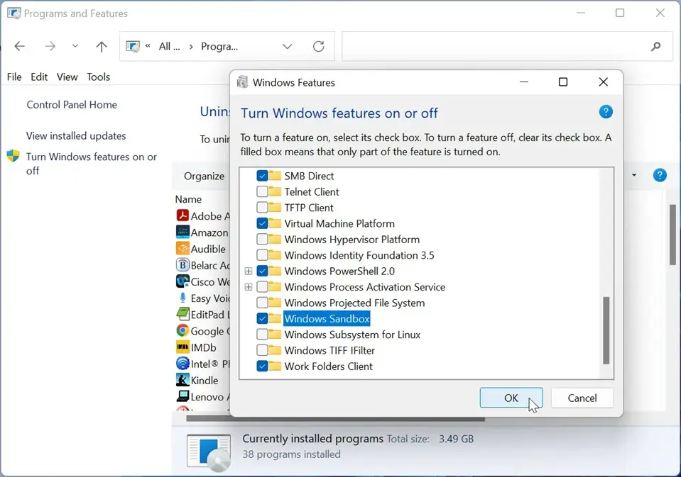 check Windows Sandbox features