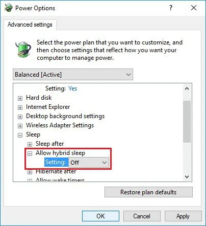 disable hybrid sleep windows pc