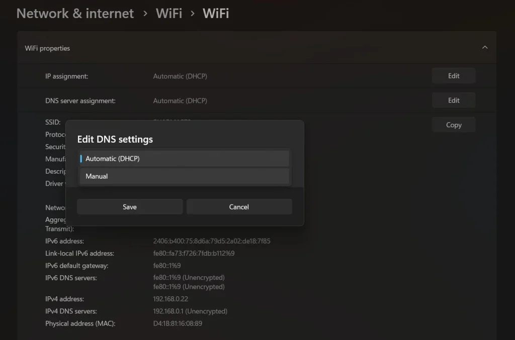edit DNS settings