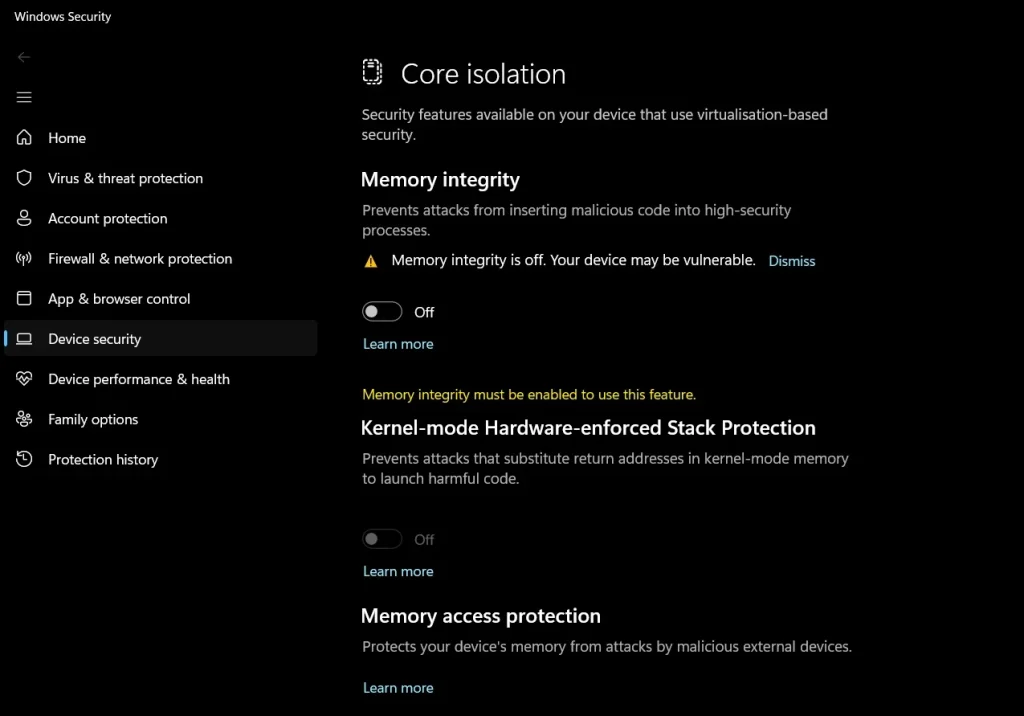 enable memory integrity core isolation