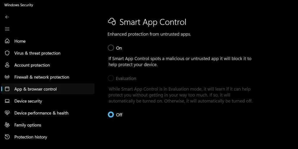 enable smart app control