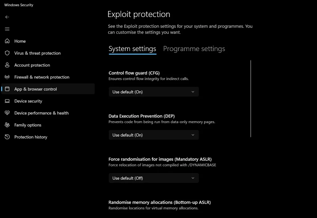 exploit protection settings