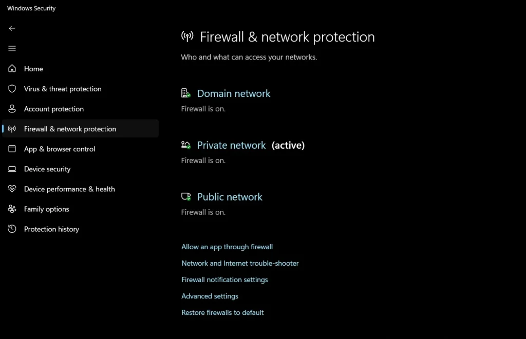 firewall and network protection settings