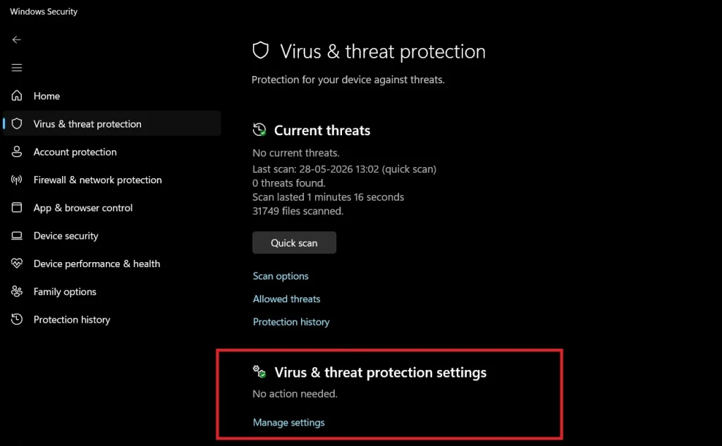 manage virus and threat protection settings