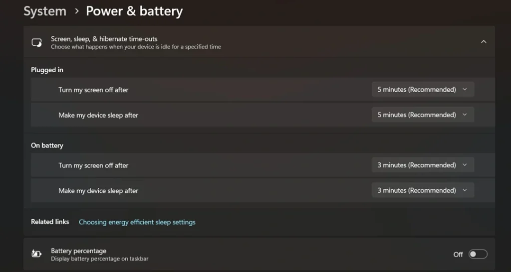 power and battery settings