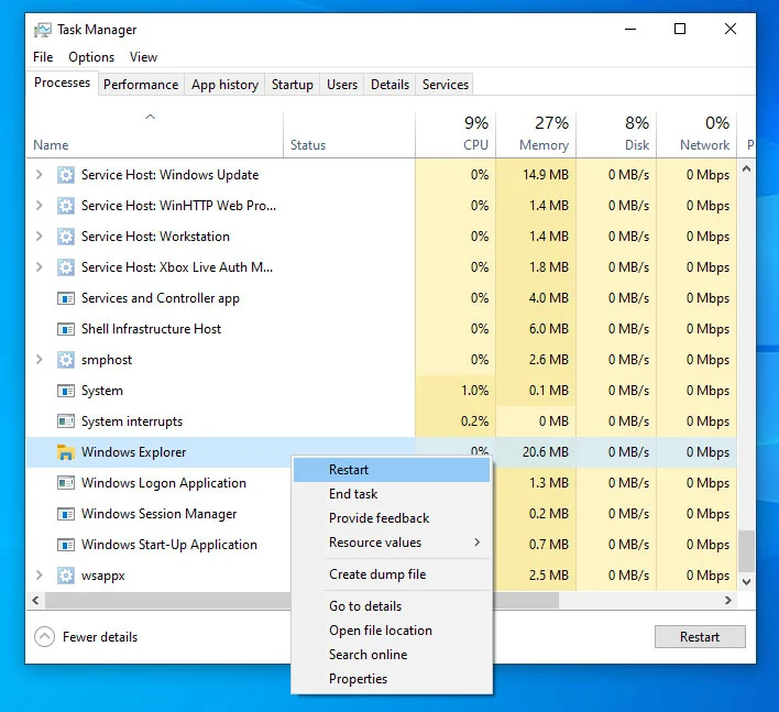 restart Windows Explorer task manager