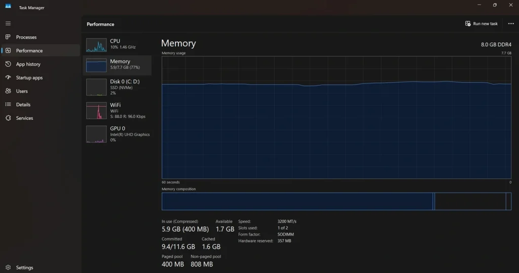 task manager check ram memory tab