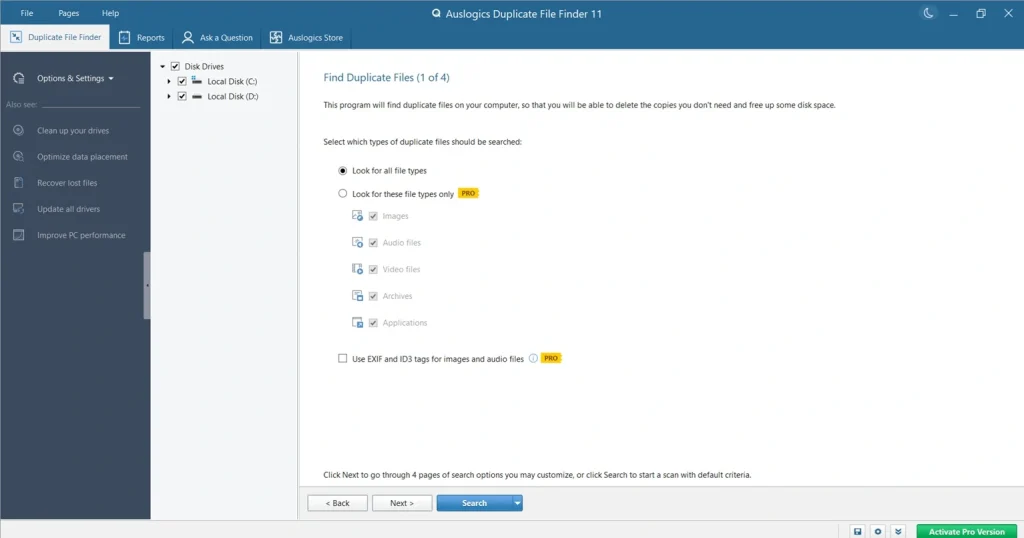 auslogics duplicate file finder choose drive
