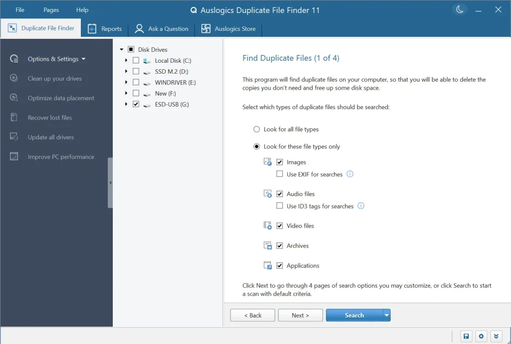 auslogics duplicate file finder choose drives