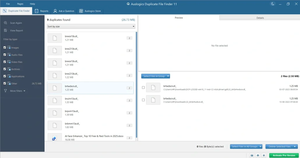 auslogics duplicate file finder delete files